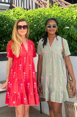 India Embroidered Dress | Khaki/Pink