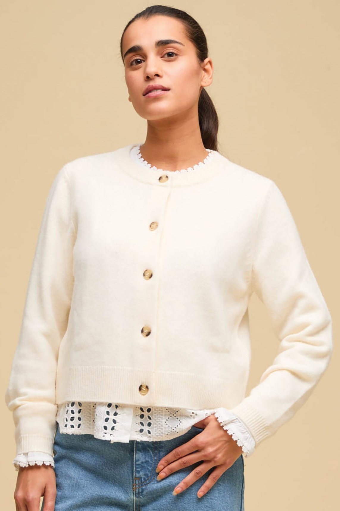 Women Feather Wool Long Cardigan – Cream & Red Check main image 1