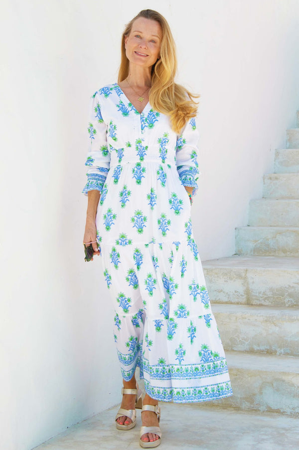 Billie Block Print Dress | White/Blue