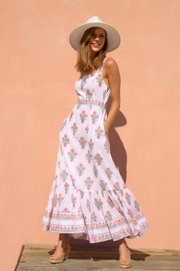 Aurelia Block Print Dress | Wild Flower Buta White/Pink
