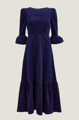 Victoria Round Neck 3/4 Sleeve Stretch Corduroy Dress | Atlantic Blue