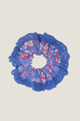 Block Print Lace Trim Scrunchie | Japanese Flower Marina Blue