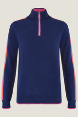 Merino Wool Overarm Stripe Quarter Zip Jumper | Navy/Pink/Orange