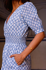 Billie Short Sleeve Organic Cotton Dress | Flower Stamp Cornflower/White