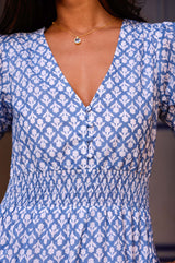 Billie Short Sleeve Organic Cotton Dress | Flower Stamp Cornflower/White