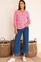 Clea Viscose Crinkle Blouse | Ikat White/Pink