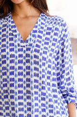 Clea Viscose Crinkle Blouse | Ikat White/Blue