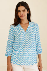 Clea Viscose Crinkle Blouse | Ikat White/Turquoise