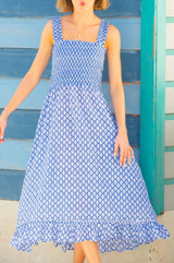 Rhianna Organic Cotton Dress | Flower Stamp Cornflower/White