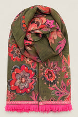 Bold Floral Print Scarf | Khaki/Red/Purple