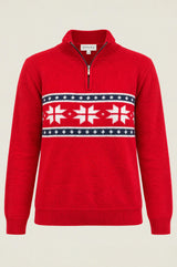 Merino Wool Snowflake Fairisle Quarter Zip Jumper | Red/Navy/White