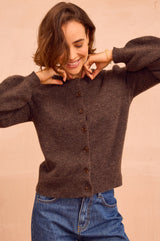Alpaca Blend Puff Sleeve Cardigan | Chocolate