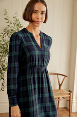 Harper Checked Double Cloth Organic Cotton Dress | Navy/Green