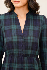 Harper Checked Double Cloth Organic Cotton Dress | Navy/Green