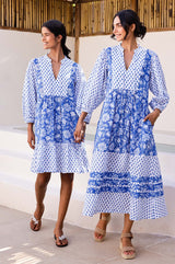 Martha Organic Cotton Print Mix Dress | Blossom Print Blue/White