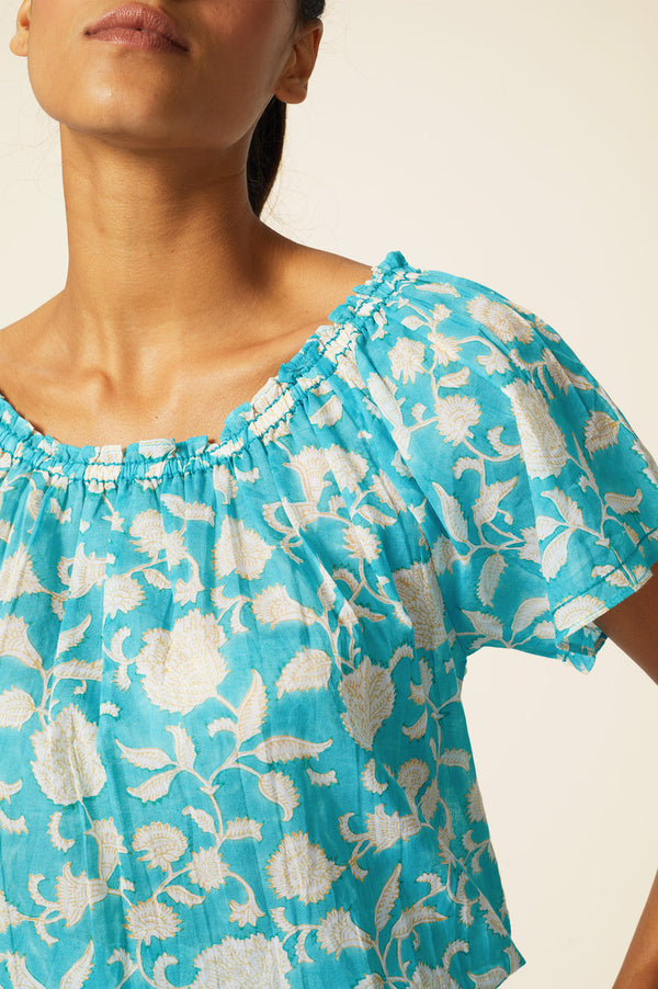 Ilana Block Print Organic Cotton Top | Ornate Flower Turquoise