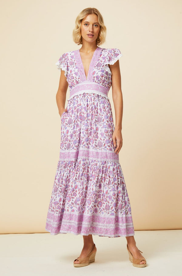 Pippa Block Print Dress | Garden Jaal White/Pink