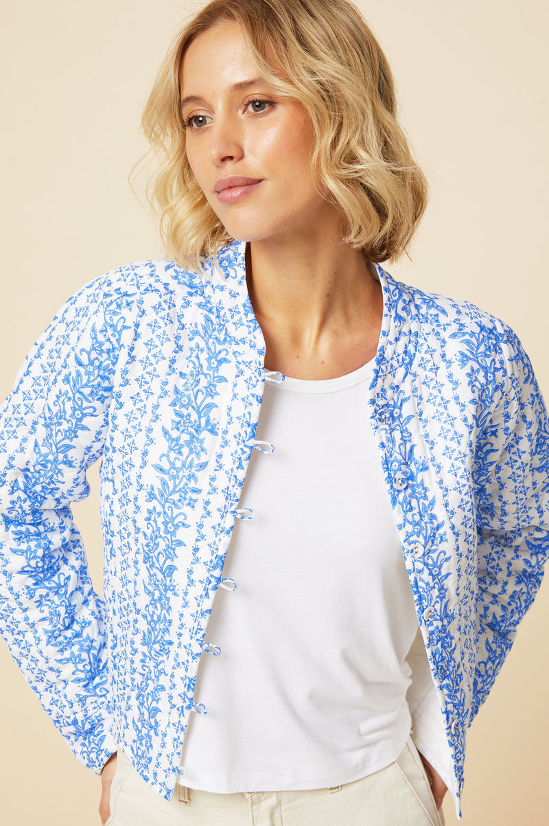 Polly Block Print Quilted Jacket | White/Blue