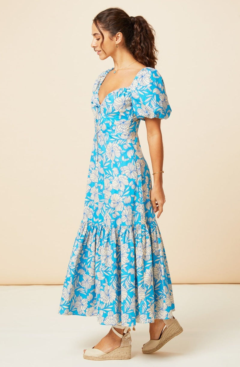 Zillah Dress | Lined Floral Turquoise/Cream
