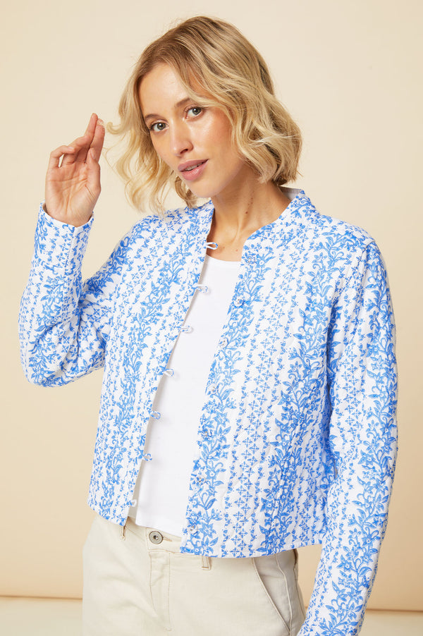 Polly Block Print Quilted Jacket | Lily Line White/Blue