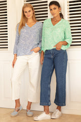 Clea Viscose Crinkle Blouse | Circle White/Green - Aspiga