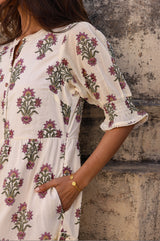 Cordelia Organic Cotton Block Print Dress | Antique Wildflower Cream/Red/Green