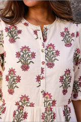 Cordelia Organic Cotton Block Print Dress | Antique Wildflower Cream/Red/Green