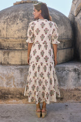 Cordelia Organic Cotton Block Print Dress | Antique Wildflower Cream/Red/Green
