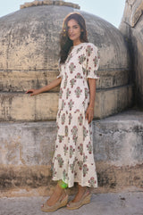 Cordelia Organic Cotton Block Print Dress | Antique Wildflower Cream/Red/Green