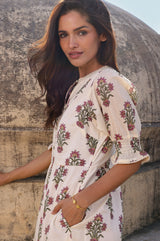 Cordelia Organic Cotton Block Print Dress | Antique Wildflower Cream/Red/Green