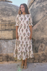 Cordelia Organic Cotton Block Print Dress | Antique Wildflower Cream/Red/Green