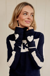 Merino Wool Fingerless Heart Gloves | Dark Navy/Cream