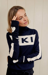 Merino Wool Fingerless Heart Gloves | Dark Navy/Cream