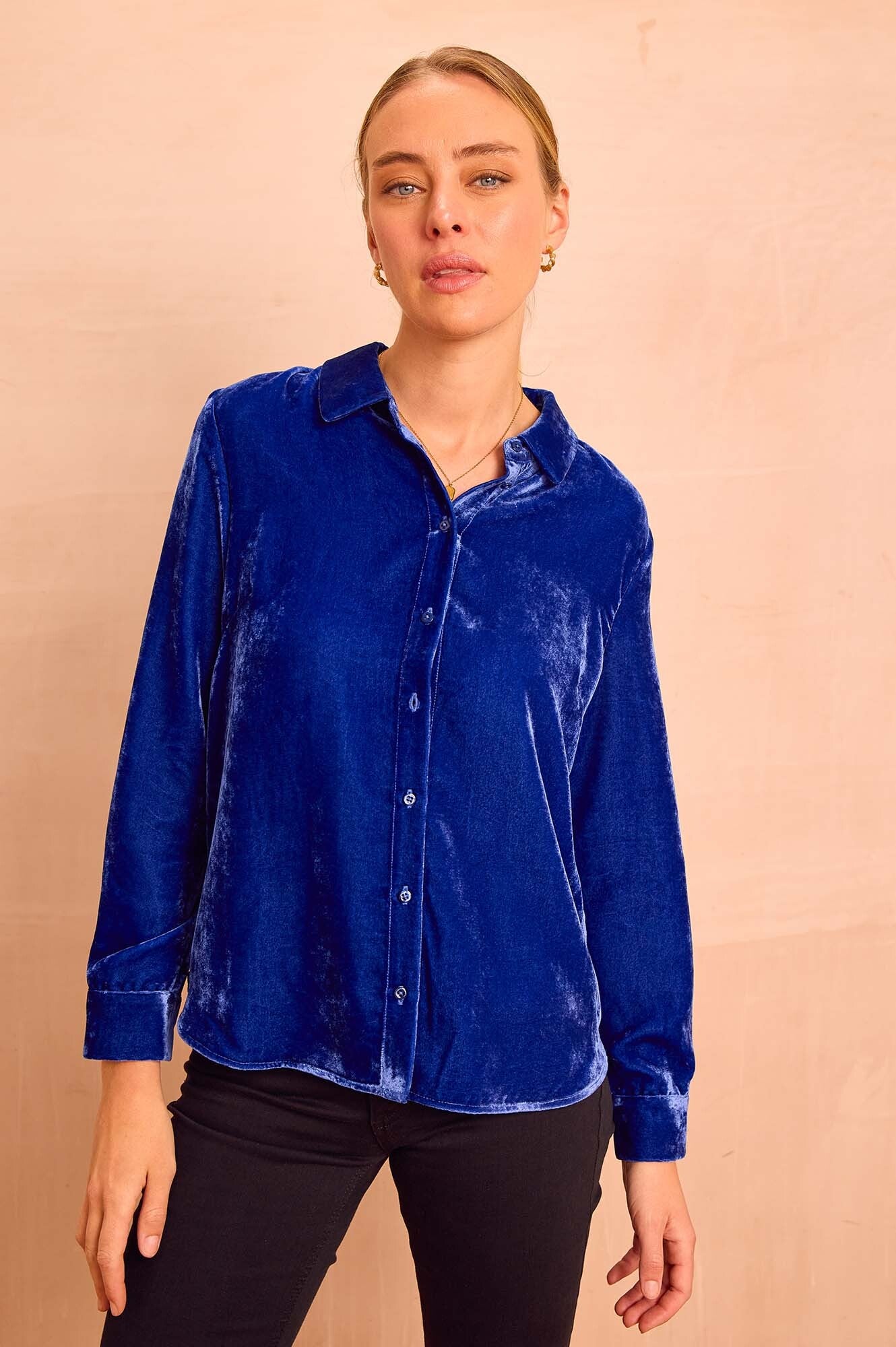 blue velvet dress shirt Kate Velvet Shirt Dress-Sapphire Blue
