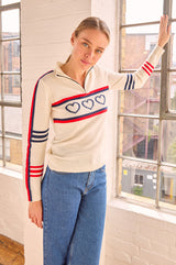 Merino Wool Stripe Hearts Quarter Zip | Cream/Red/Navy