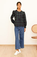 Checked Double Cloth Organic Cotton Blouse | Navy/Green