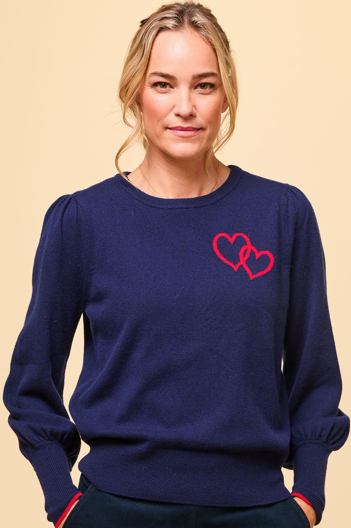 Merino Wool Hearts Crew Neck Jumper Navy/Red