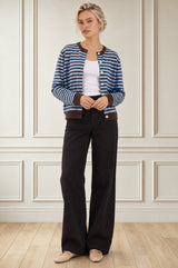 Merino Wool Button Through Stripe Cardigan | Chocolate/Light Blue