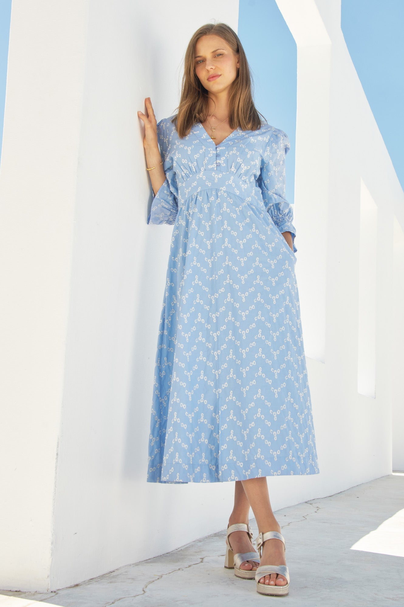 Aspiga Trinity Button Down Baby Cord Gathered Waist Dress Navy