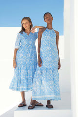 Bonnie Halter Block Print Maxi Dress | Blue/White