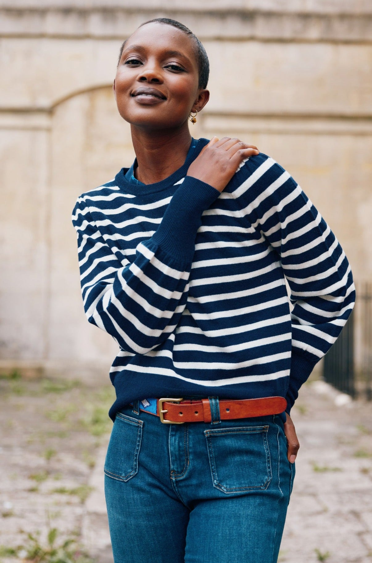 Aspiga Ladies Sustainable Merino Wool Striped Crew Neck Navy Cream