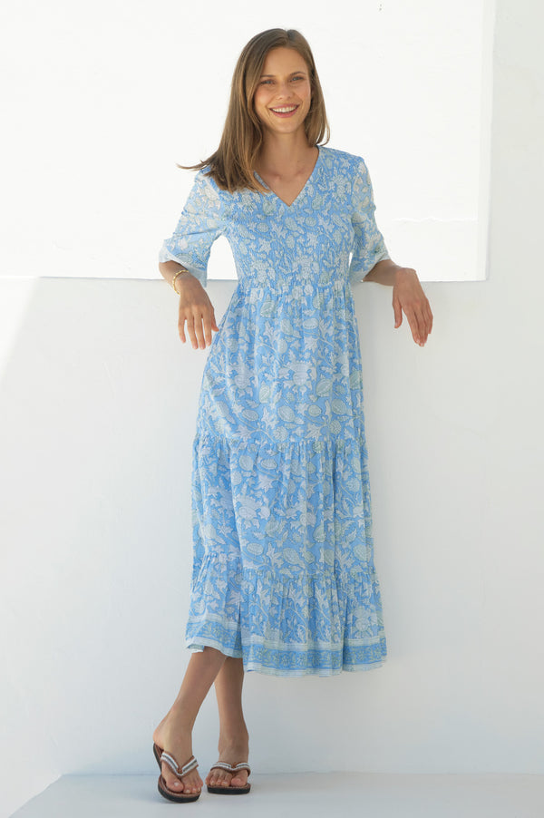 Alisha Block Print Dress | Tea Rose Blue