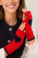 Merino Wool Fingerless Heart Gloves | Red/Navy