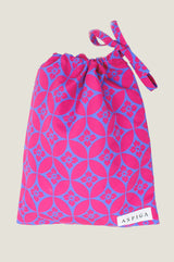 Bright pink and blue patterned drawstring bag with Aspiga label, displayed on a white background.