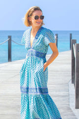 Pippa Short Sleeve Organic Cotton Block Print Dress | Buti Turquoise/Blue