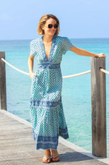 Pippa Short Sleeve Organic Cotton Block Print Dress | Buti Turquoise/Blue