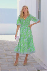 Alisha Block Print Dress | Japanese Flower Apple Green