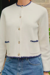 Merino Wool Blanket Stitch Cardigan | Cream/Navy