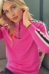 Merino Wool Overarm Stripe Quarter Zip Jumper | Pink/Navy/Cream