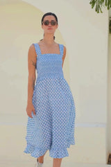 Rhianna Organic Cotton Dress | Flower Stamp Cornflower/White